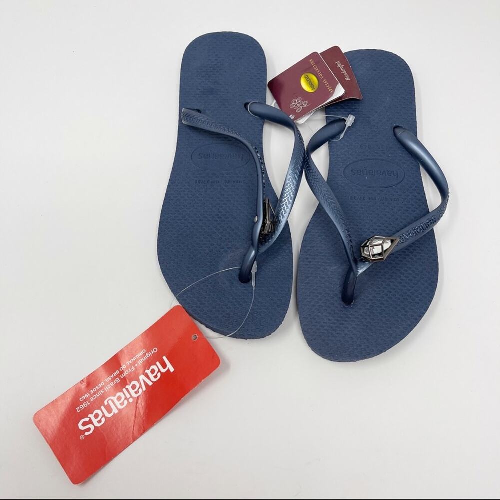 New Havaianas Womens Size 6 Blue Indigo Slim Epic Embellished Flip Flop - Picture 2 of 10